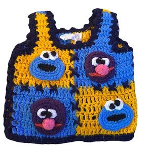 Vintage 70s Sesame Street Pot Holder Crochet Vest 3T Cookie Monster Grover